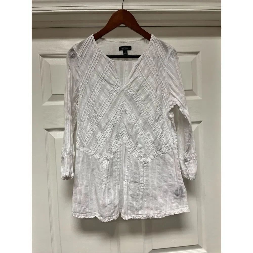 Ralph Lauren Jeans Co. White Diagonal Pintuck & Lace Tunic Blouse sz L EUC